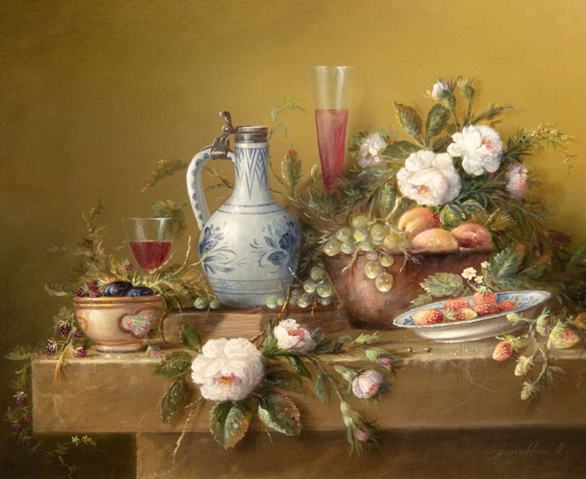 "Stilleben mit Weinkrug, Blumen und Früchten", Öl/ Lw., undeutl. sign. u.r., 49x60 cm, Rahmen