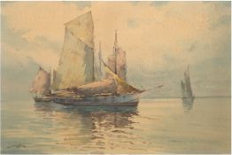 Clausen, Helmut (1913 Hamburg-1963 Timmendorfer Strand) "Fischerboote auf ruhigem Gewässer", Aquare