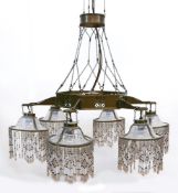 Jugendstil-Deckenlampe, Messing, 6 Glasschirme mit anhängenden Glasstäben und -kugeln, H. ca. 70 cm
