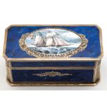 Dose, 925er Silber vergoldet, Italien Mitte 20 Jh., achteckige Form, blau marmoriert emailliert, S
