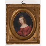 Miniatur "Porträt einer jungen Dame im roten Kleid", Anfang 19. Jh., feine Ölmalerei auf Beinplatte