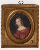 Miniatur "Porträt einer jungen Dame im roten Kleid", Anfang 19. Jh., feine Ölmalerei auf Beinplatte