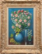 Französischer Maler "Stilleben mit Blumenstrauß in blauer Vase", Öl/ Pappe, undeutl. sign. mittig l