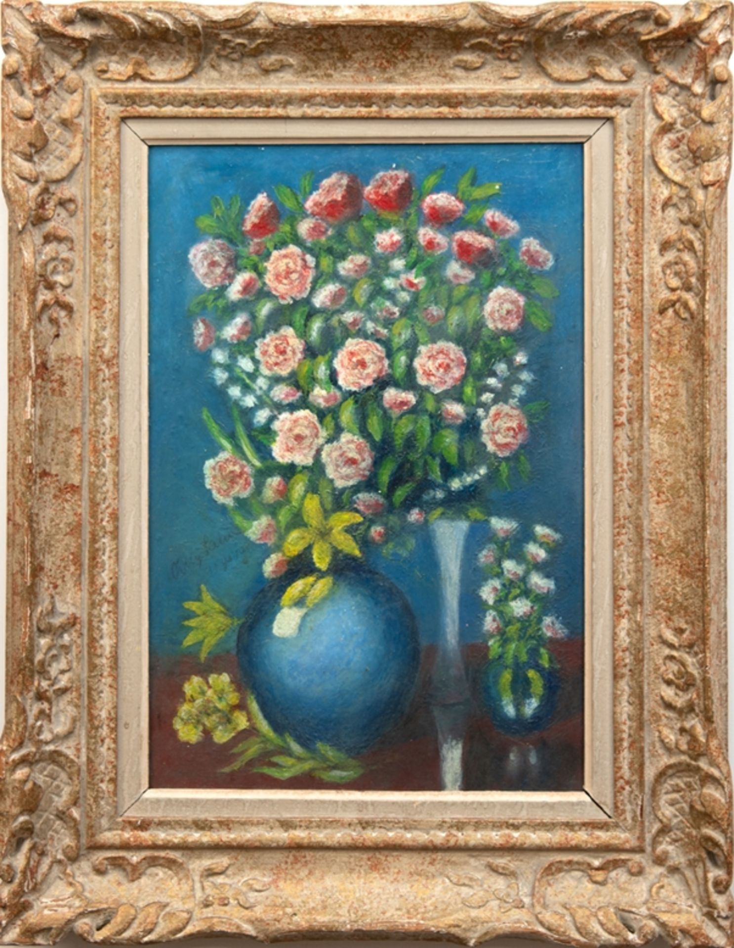 Französischer Maler "Stilleben mit Blumenstrauß in blauer Vase", Öl/ Pappe, undeutl. sign. mittig l
