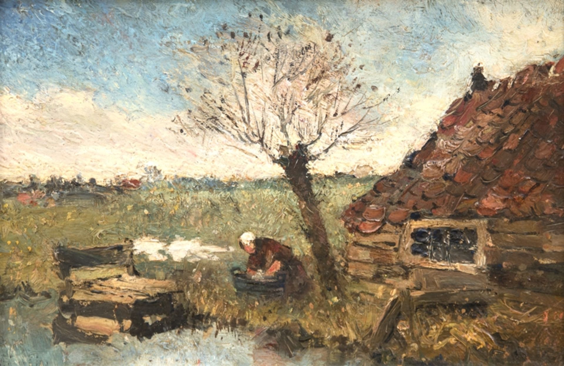 Dankmeyer, Charles (1861 Amsterdam-1922 Den Haag) "Bauernhaus mit Bäuerin auf einem Holzsteg", Öl/ 