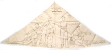"Der erste Verband" nach Professor Esmarch", um 1890, Dreieck-Verbandstuch aus feinem Leinen mit 6 