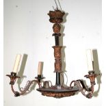 Deckenlampe, um 1820, Holz, geschnitzt und gefaßt, 4-flammig, elektrifiziert, H. ca. 62 cm, Dm. ca.