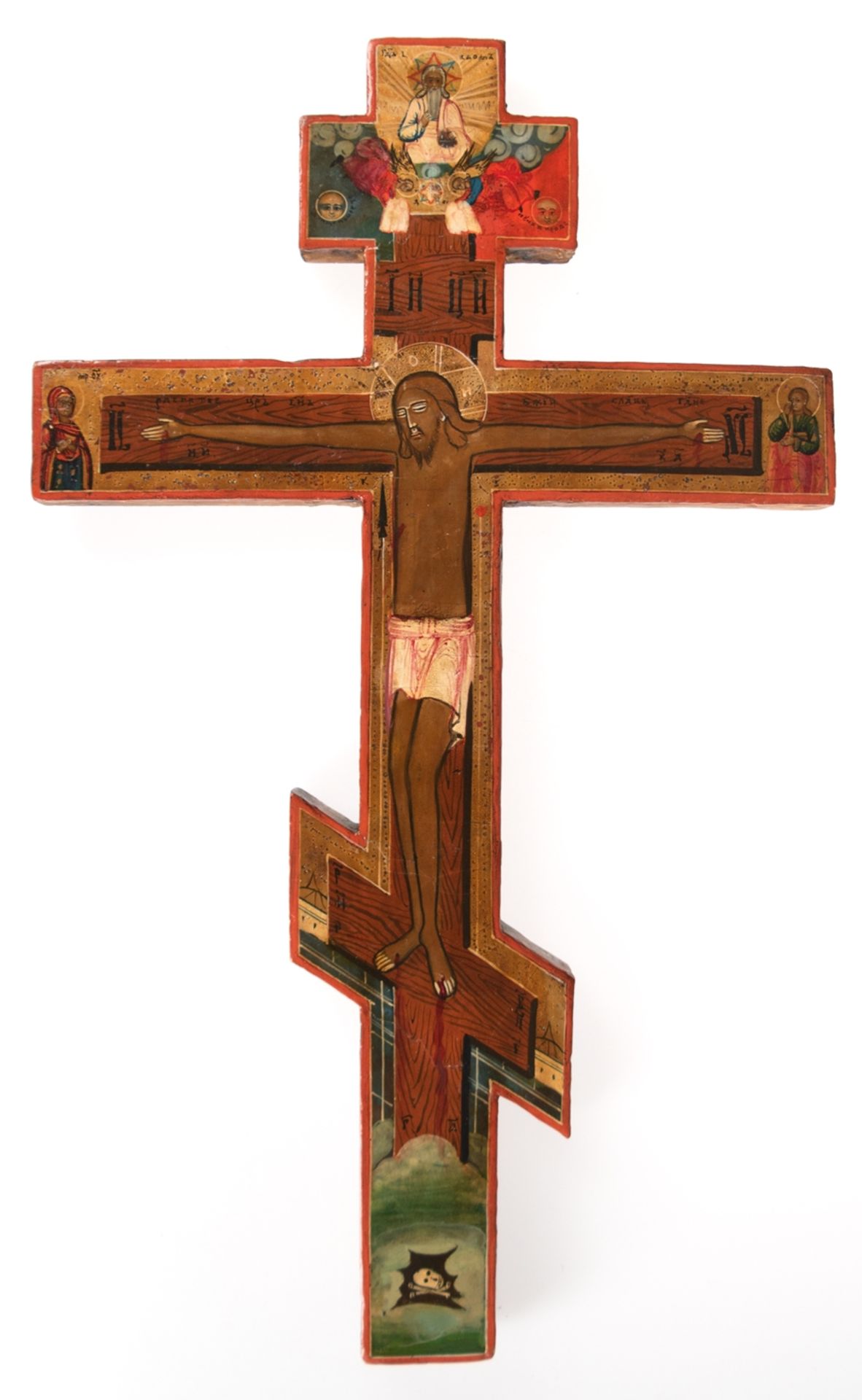 Orthodoxes Segenskreuz, Rußland Anf. 19. Jh., Umkreis Moskau, Holz, polychrom bemalt, originaler Zu