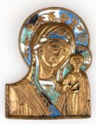 Kleine Reiseikone "Mutter Gottes von Kasan", Messing, z.T. farbig emailliert, 6,7x5 cm