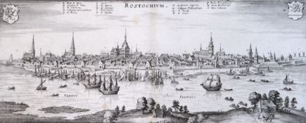 Karte "Rostochium- Stadtansicht Rostock", Kupferstich, wohl 19. Jh., Blatt mit Mittelfalz, mit 2 Wa