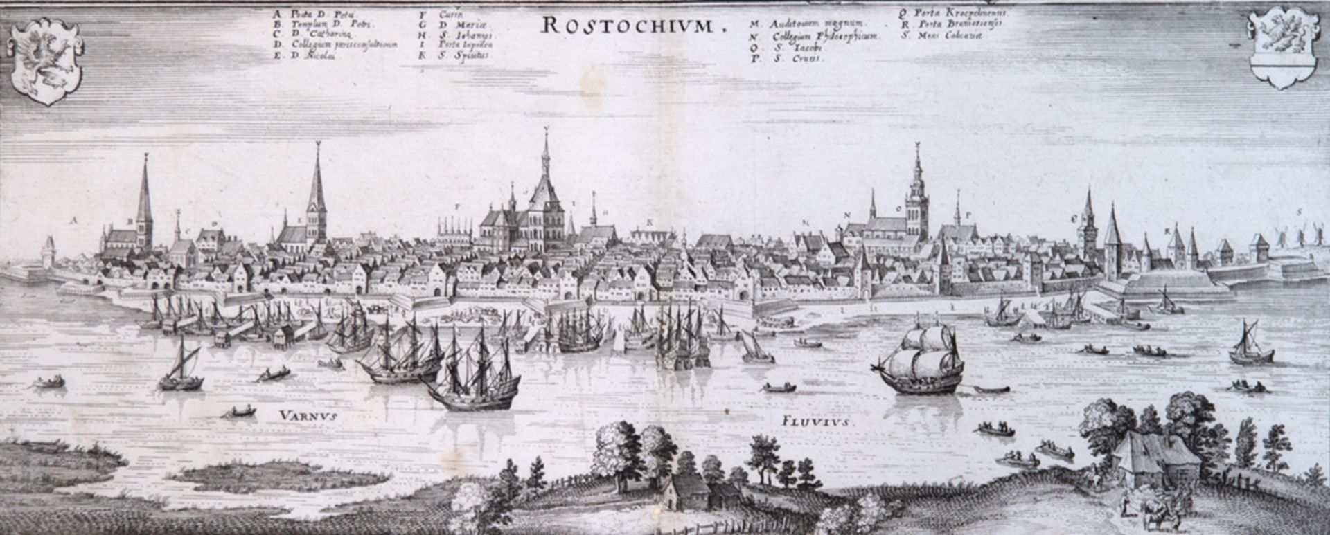 Karte "Rostochium- Stadtansicht Rostock", Kupferstich, wohl 19. Jh., Blatt mit Mittelfalz, mit 2 Wa