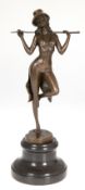 Bronze-Figur "Tänzerin mit Stock und Zylinder", Nachguß, auf herzförmiger Plinthe bezeichnet "A. Go
