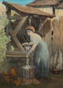Unbekannter Maler "Auf dem Hühnerhof mit Frau am Brunnen", Öl/ Lw., 3 Hinterlegungen, unsign., 65x4