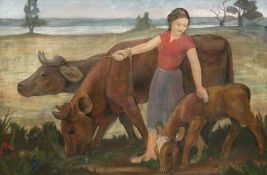 Schrimpf, Georg (1889 München-1938 Berlin) Umkreis "Bäuerin mit ihren Kühen auf der Weide", Öl/ Pap