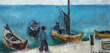 "Boote am Bodden", um 1950, Öl/ Lw., undeutl. sign. u.r., 39x72 cm, Rahmen