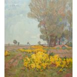 Wallat, Paul (1879 Rostock-1966 Sonderborg, Dänemark) "Landschaft mit Ginsterblüte", Öl/ Lw., doubl