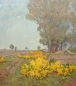 Wallat, Paul (1879 Rostock-1966 Sonderborg, Dänemark) "Landschaft mit Ginsterblüte", Öl/ Lw., doubl