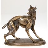 Bronze-Figur "Windhund", unsigniert, auf ovaler, ornamental reliefierter Plinthe, H. 14,5 cm