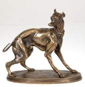 Bronze-Figur "Windhund", unsigniert, auf ovaler, ornamental reliefierter Plinthe, H. 14,5 cm