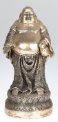 Figur "Glücksbuddha", stehender, dickbäuchiger, lachender Mönch mit Sack, Metall, silberfarben gefa