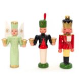 3 Weihnachtsfiguren aus dem Erzgebirge, Bergmann, Engel und Nußknacker, 1980er Jahre, Holz handbema