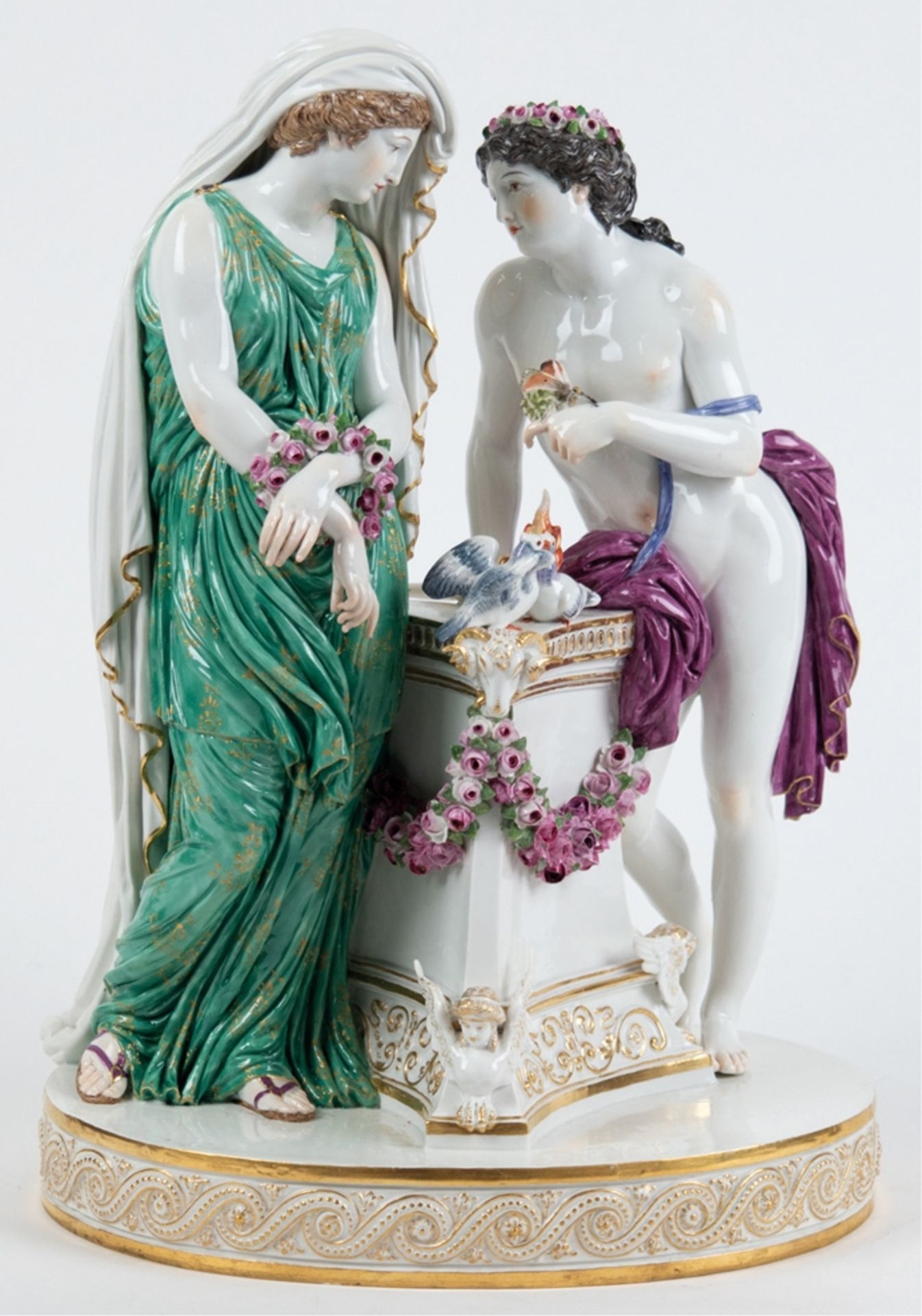 Große Meissen-Figurengruppe "Die besiegte Liebe", Ende 19. Jh., Entwurf von Christian Gottfried Jüc