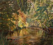 Landschaftsmaler "Herbstliche Flußlandschaft", Öl/ Lw., unsign., 1 kl. Hinterlegung, 36x43 cm, unge