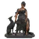 Figur "Frau mit Hund", Metallguß, dunkelbraun patiniert, z.T. bronziert, H. 22 cm