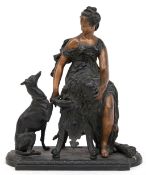 Figur "Frau mit Hund", Metallguß, dunkelbraun patiniert, z.T. bronziert, H. 22 cm