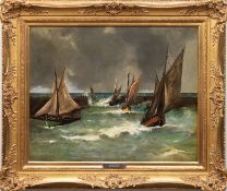 Haguette, Georges (1854 Paris-1906 Dieppe) "Fischerboote in der Hafeneinfahrt", Öl/ Lw., sign. u.r.