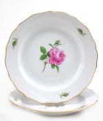 2 Meissen-Teller, Rote Rose mit Goldrand, Neuer Ausschnitt, 2 Schleifstriche, Dm. 20 cm