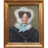 Biedermeier-Porträt "Dame mit weißer Rüschenhaube", Pastell, unsign, rückseitig bez. "Gattin Peter