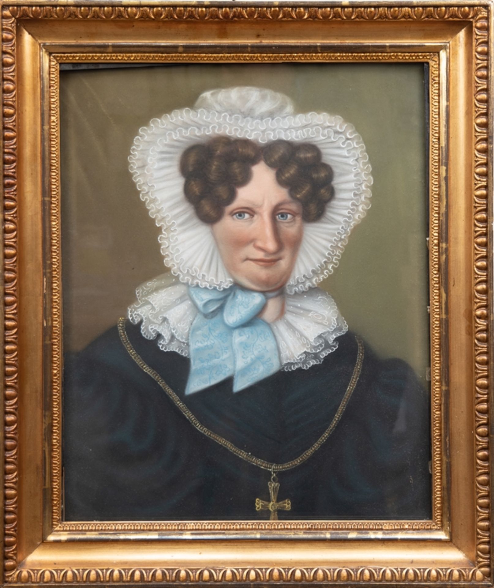 Biedermeier-Porträt "Dame mit weißer Rüschenhaube", Pastell, unsign, rückseitig bez. "Gattin Peter 