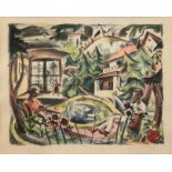 Hartig, Carl Christoph (1888 Davos-1975 Düsseldorf) "Paar am Tisch im Garten", handkolorierte Litho