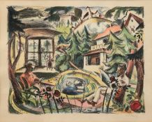 Hartig, Carl Christoph (1888 Davos-1975 Düsseldorf) "Paar am Tisch im Garten", handkolorierte Litho