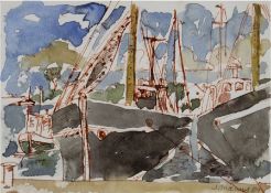 Thoemmes, Johanne (1947) "Fischerboote im Hafen", Aquarell/Papier, sign. u.r. und dat. ´81, 10,5x14