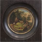 Miniatur-Malerei "Ruhender Ziegenhirte mit seiner Herde in Landschaft", 1. Hälfte 19. Jh., Öl, fein