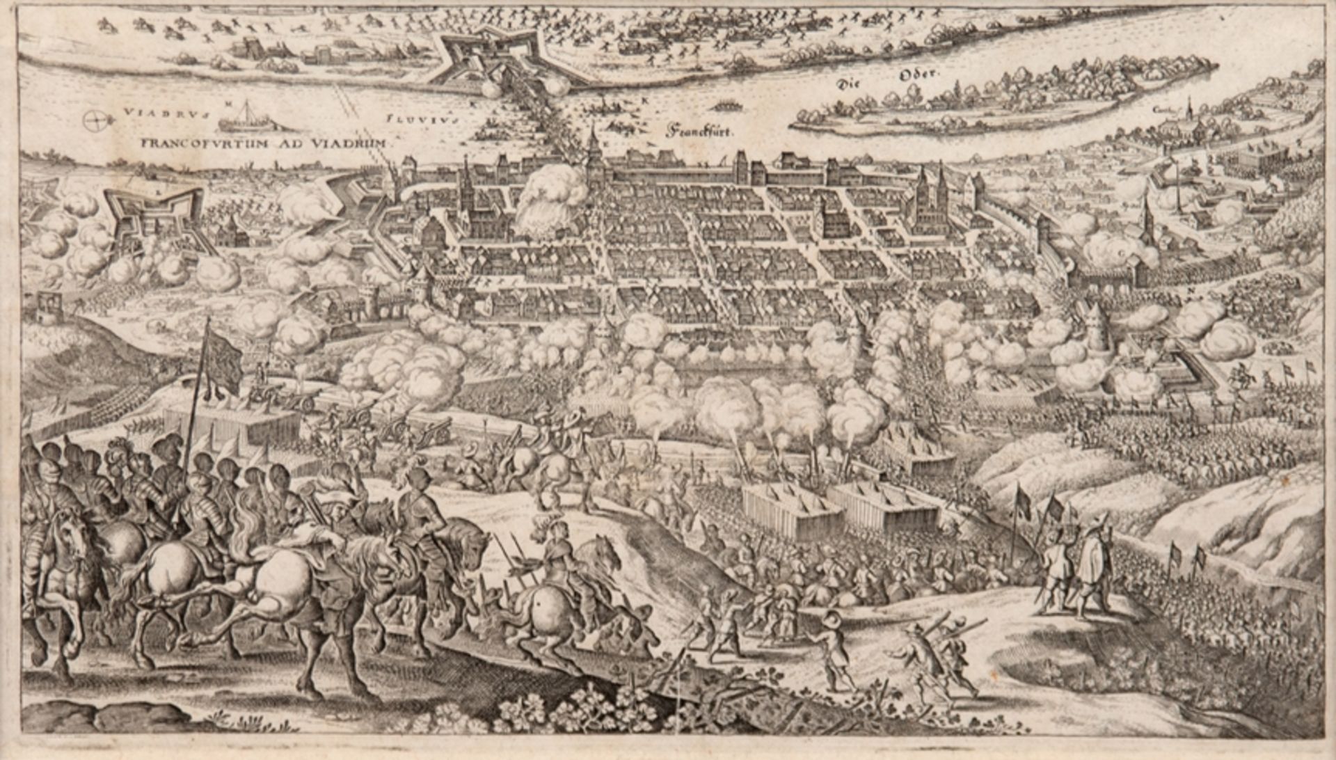 Merian, Matthäus "Frankfurt an der Oder aus der halben Vogelschau mit Belagerung", ca. 1650, Kupfer