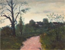 "Feldweg mit dörflicher Landschaft", Öl/Karton, undeutl. sign. u.r., 39,5x49 cm, Rahmen