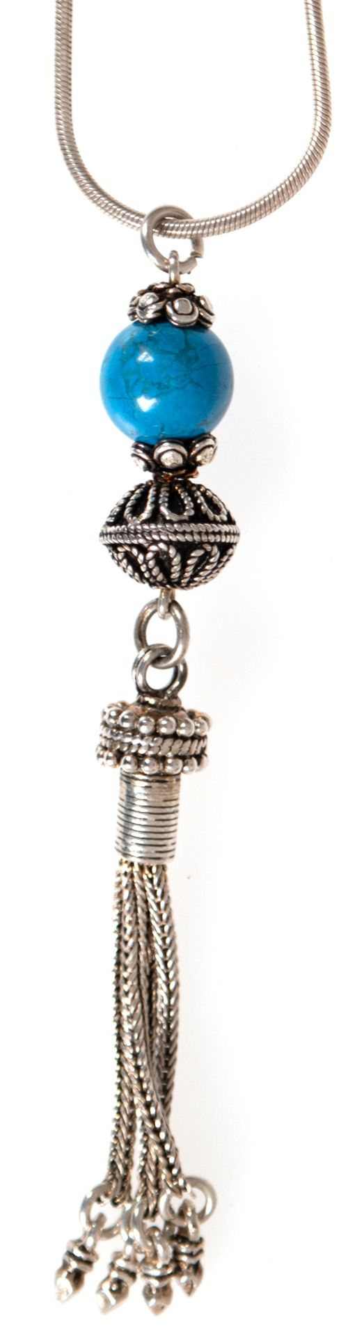 Kette mit Anhänger, 925er Silber, Anhänger mit blauer Schmucksteinkugel und Silber-Quaste, L. 8 cm,