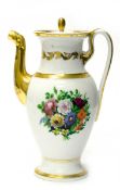 Biedermeier-Kaffeekanne, Porzellan, ungemarkt, Tierkopftülle, beidseitig polychrom gemaltes Blumenb