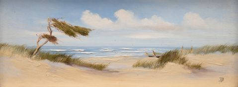 Maler um 1950 "Ostseestrand mit Windflüchter", monogr. "WD", Öl/ Karton, 16x40 cm, Rahmen