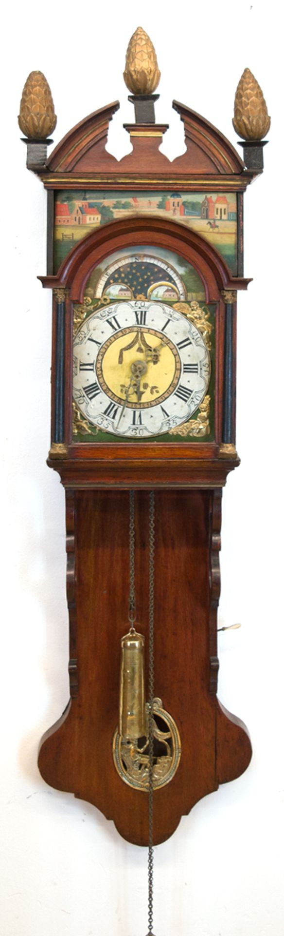 Friesische Wanduhr, Eiche um 1790, Werk mit Viertelstundenschlag auf 2 Glocken, Mondphase und Datum