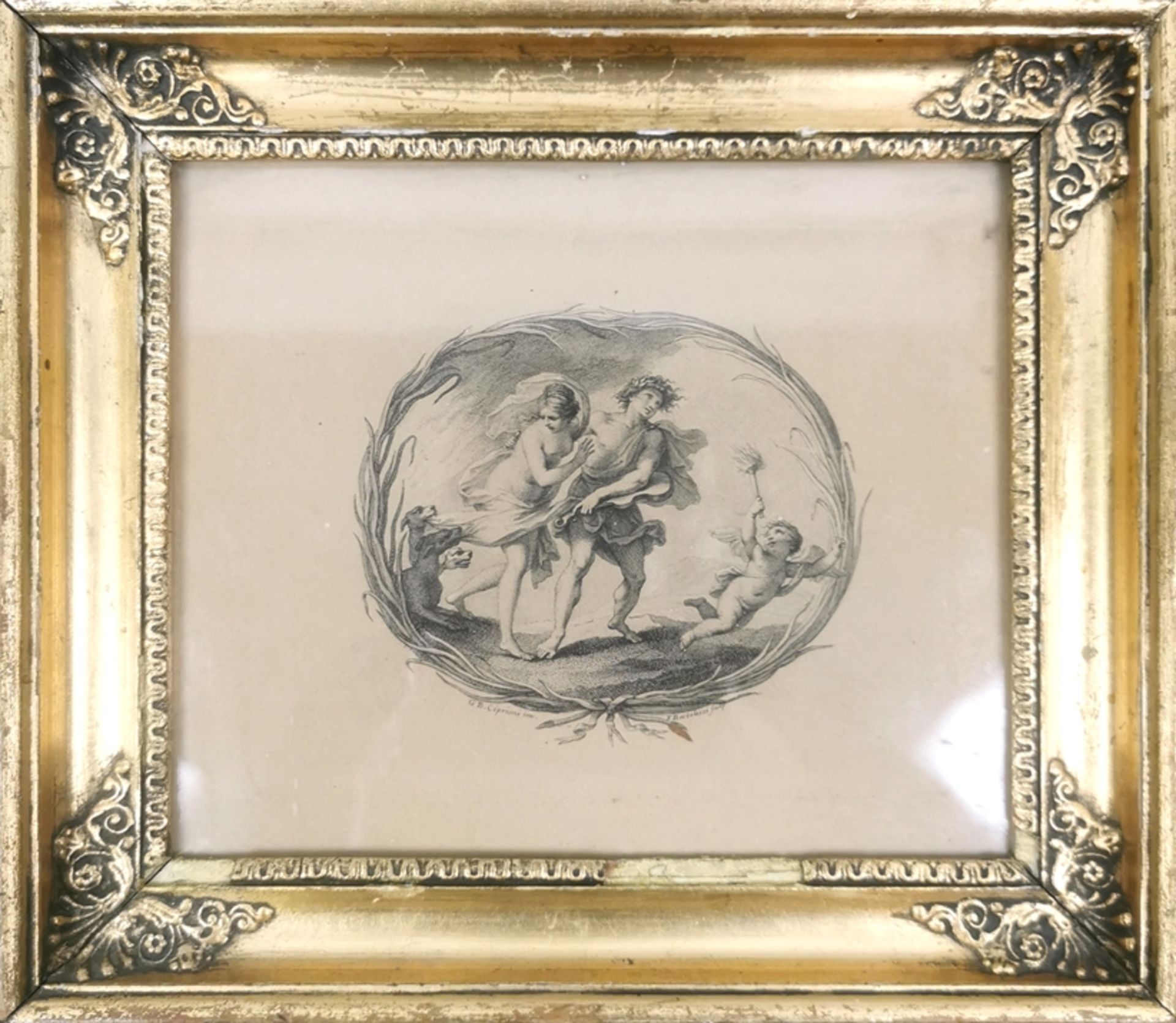 Bartolozzi, Francesco (1728 Florenz-1815 Lissabon) "Orpheus und Eurydike", Stich, 14x17 cm, hinter