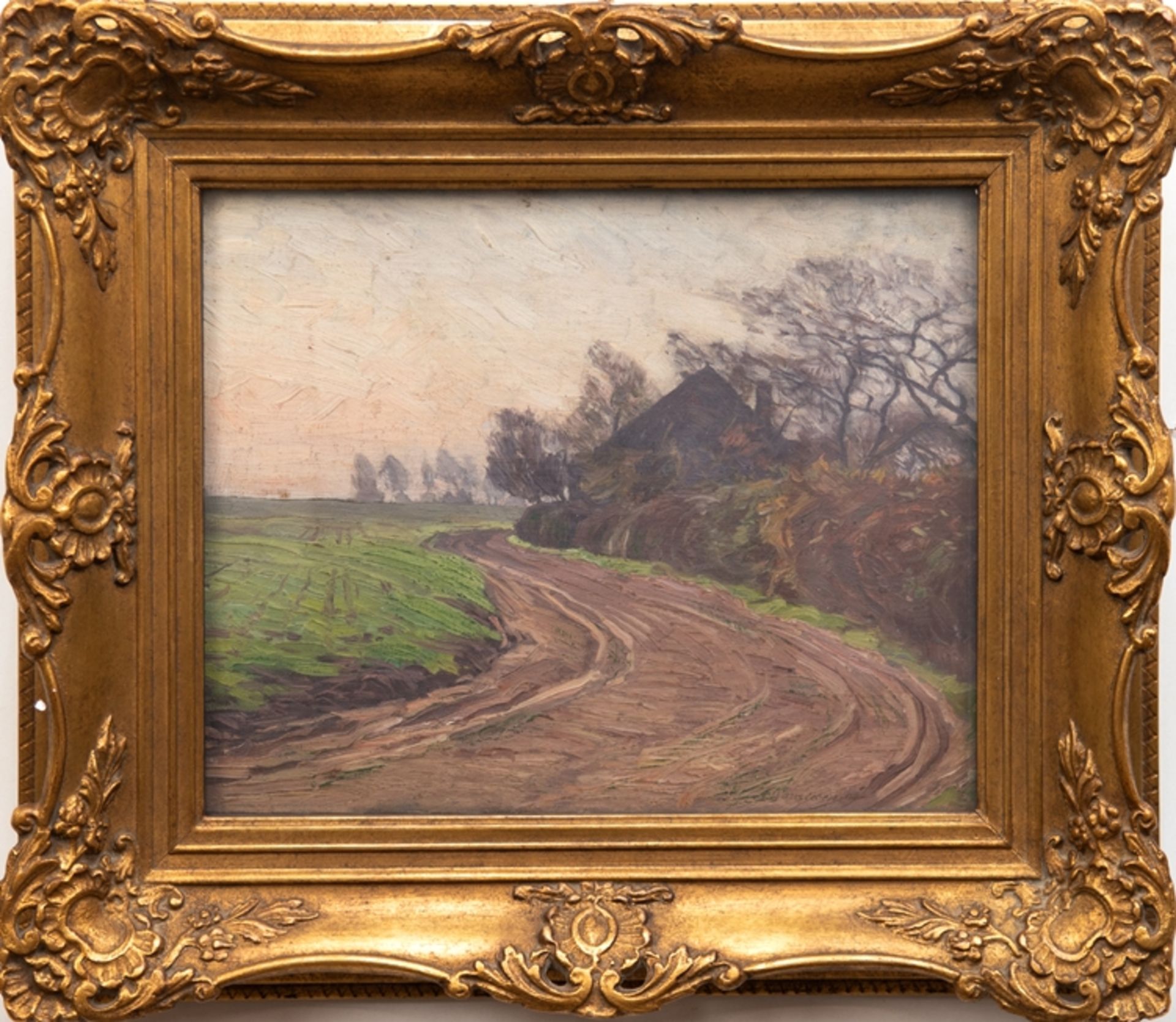 Wansleben, Arthur (1861 Krefeld-1917 Düsseldorf) "Herbstliche Landschaft mit Bauerngehöft", Öl/ Kar