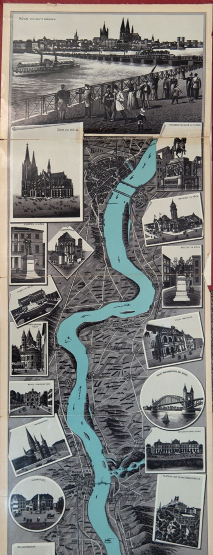 Großes "Rhein-Ponorama von Köln bis Mainz", um 1900, Klapptafel mit Darstellung einzelner Sehenswür