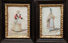 2 Gemälde dabei "Femme de t´isle de chio" und "Seruante d´Vüremberg en Allemagne", Gouache, unsig.,