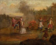 Maler des 18. Jh. "Feier am Feuer", Öl/ Lw., unsign., craqueliert, 27,5x34,5 cm, Rahmen