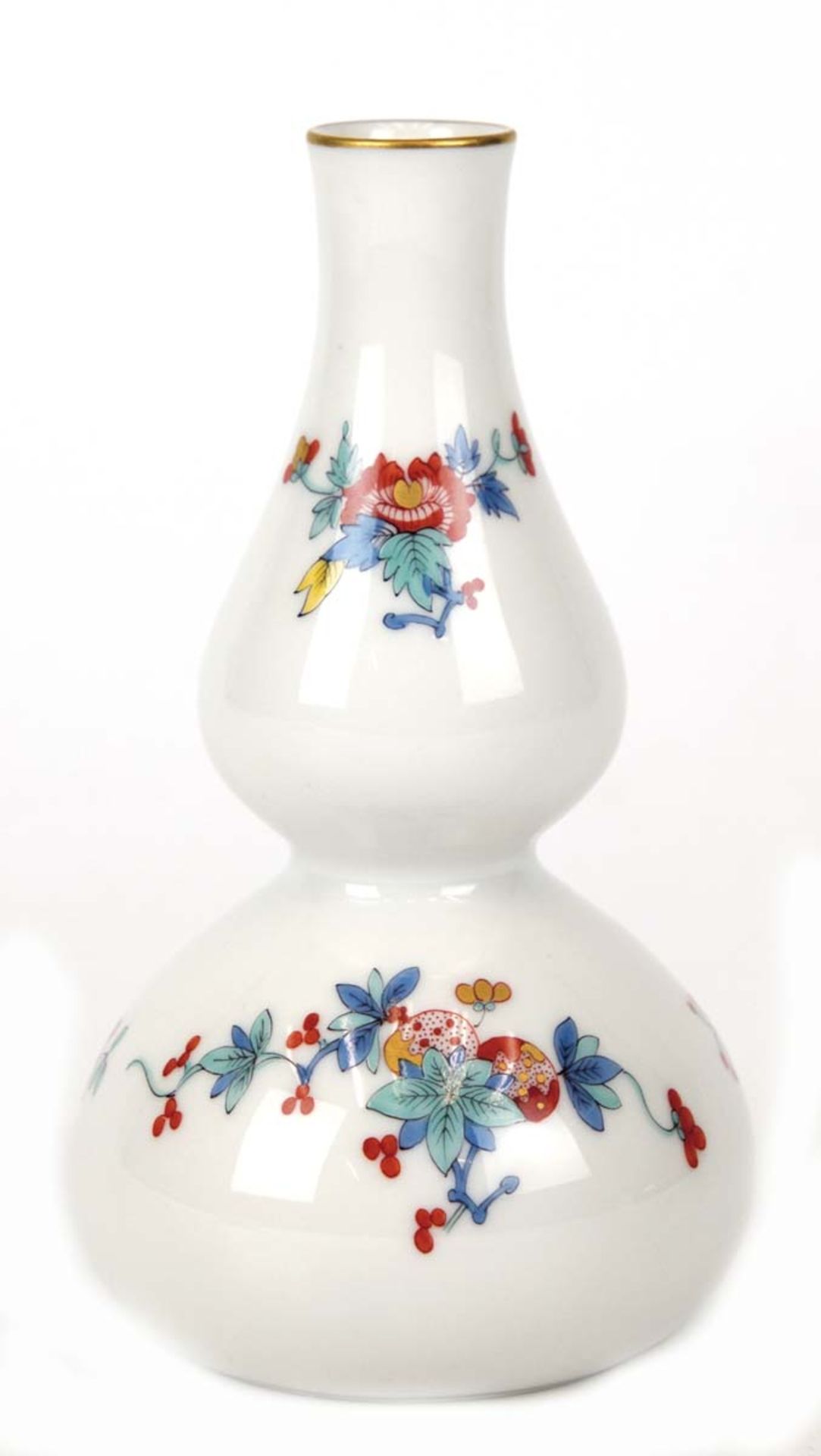 Meissen-Flaschenkürbisvase, chinesische Blumenmalerei, bunt mit Kupferfarben,, Goldrand, 1. Wahl, H
