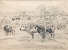 Wolf, Georg (1882 Düsseldorf-1962 Uelzen) Kühe auf der Weide", Zeichnung, unsign., rückseitig WVZ-N